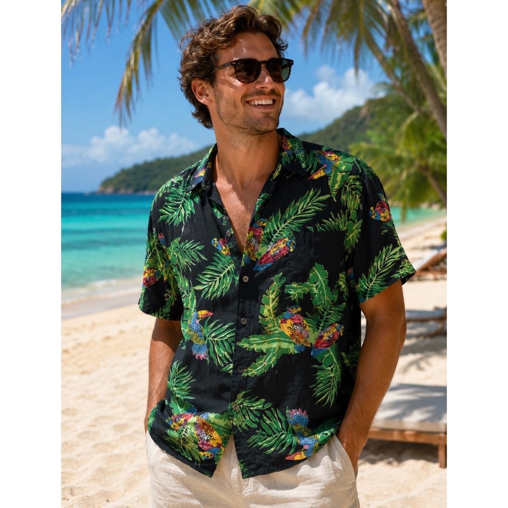 Bruno Silk Tropical Toucan Shirt Mens Large‎ Black Short Sleeve Italian Vacation